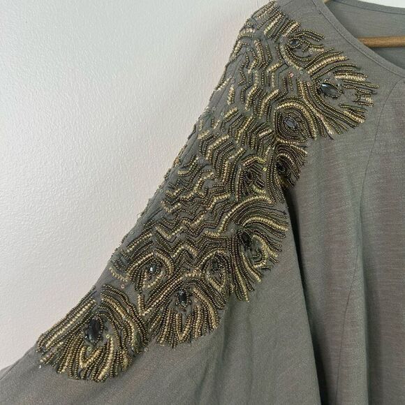 Vanessa Virginia M/L Gray Beaded Batwing Top Boho Embellished Cotton Glam - Picture 3 of 13